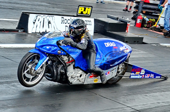 Past Pro Extreme Motorcycle champion Kim Morrell was back in action at Dragstock courtesy of new Drag 965 sponsorship on her John Sachs-tuned 2010 Suzuki. Morrell qualified 12th with a 4.170 pass at 166.05 mph, then lost in round one of eliminations to Ron Procopio.