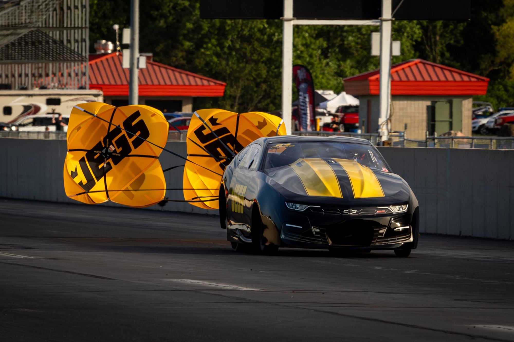 Paige Coughlin pulls the parachutes after a 3.5528 at 213.07 - the quickest run in Mid-West Drag Racing Series history.