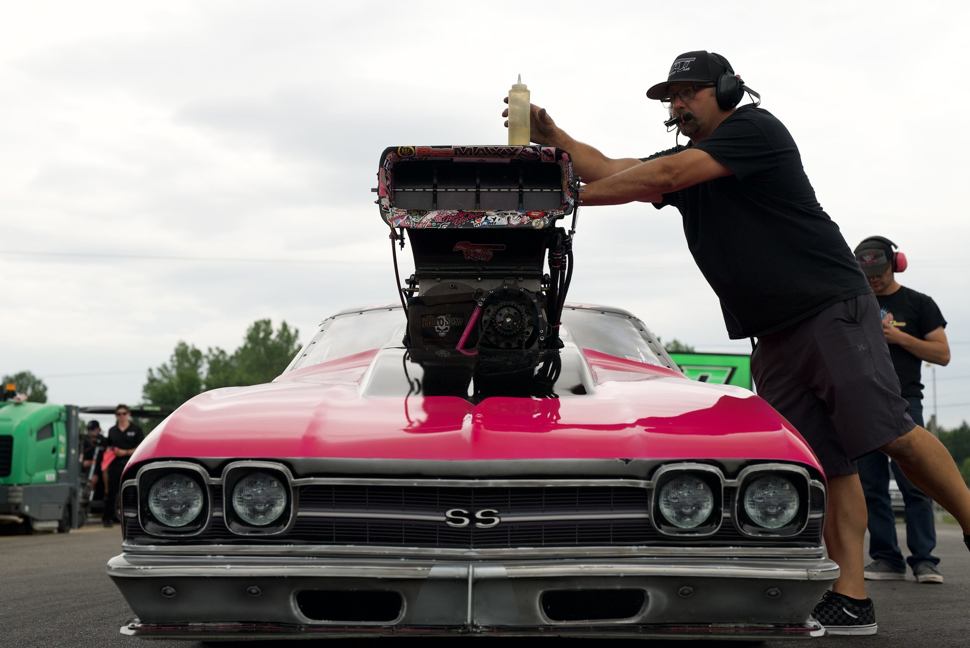 Dean Karns's pink Chevrolet Chevelle SS Pro Mod in the pits at IHRA Pro Mod Mania at Milan Dragway.