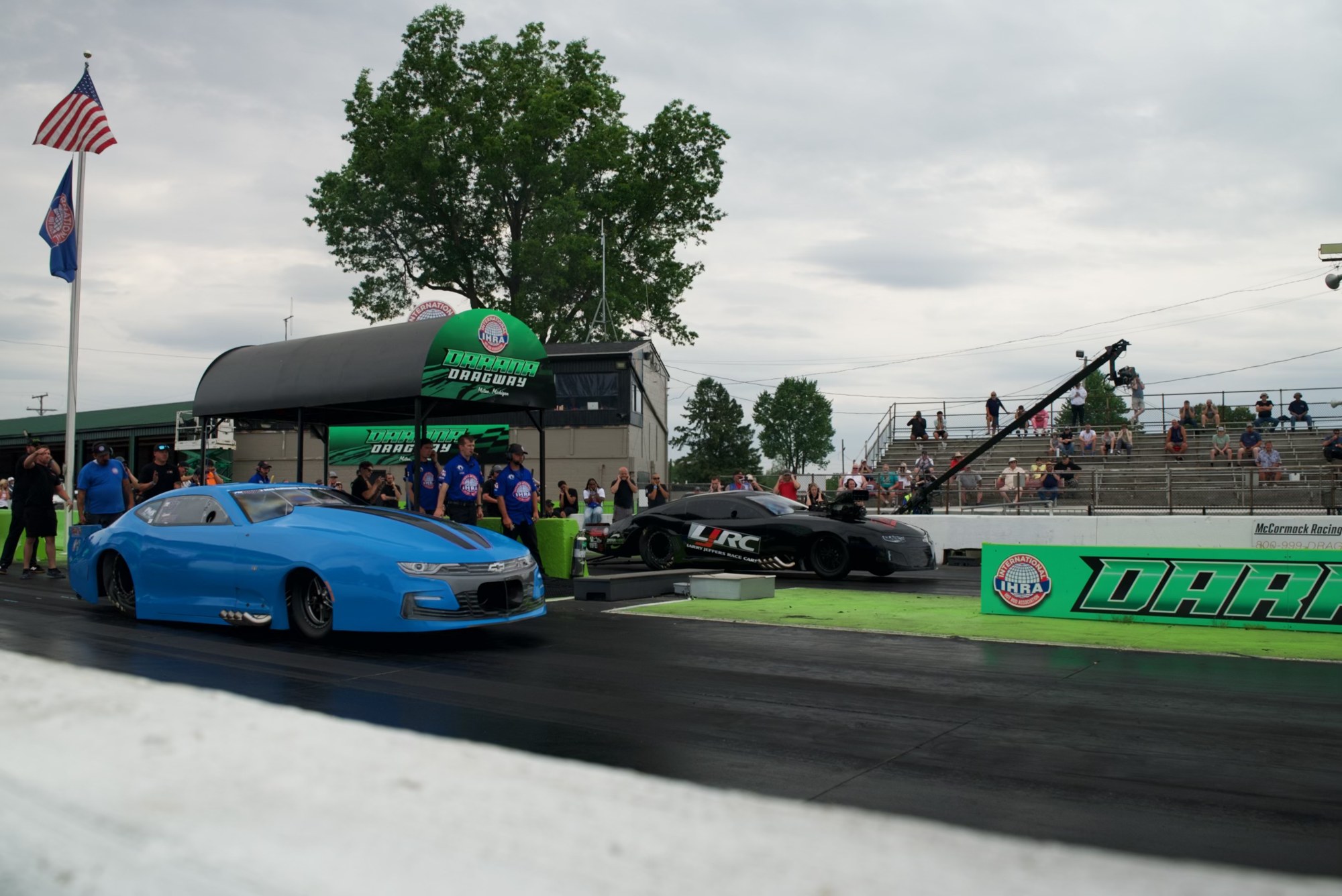 Raymond Matos and Kye Kelley side-by-side at IHRA Pro Mod Mania at Milan Dragway.