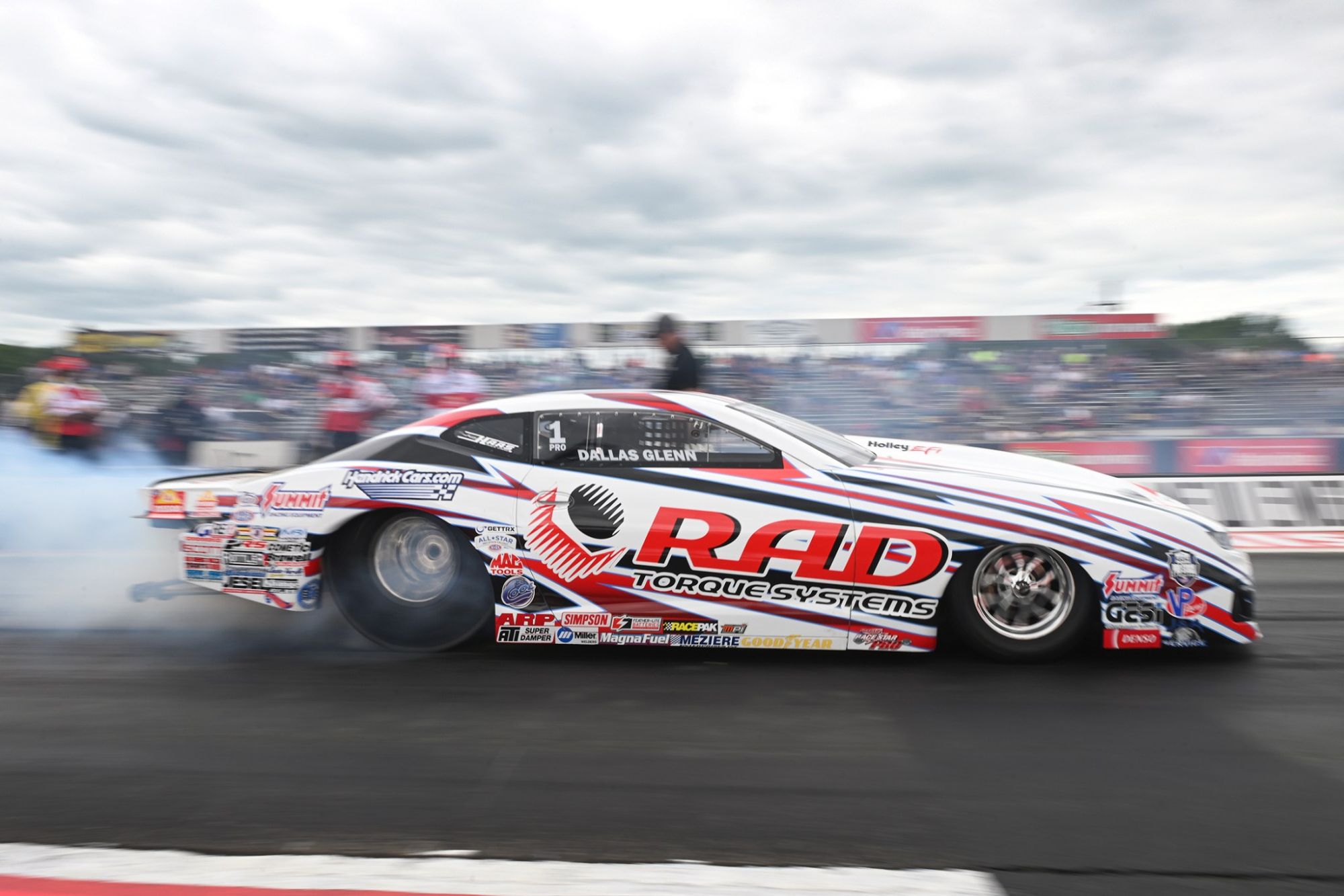 Dallas Glenn launches his RAD Torque Systems Chevrolet Camaro at the NHRA New England Nationals.