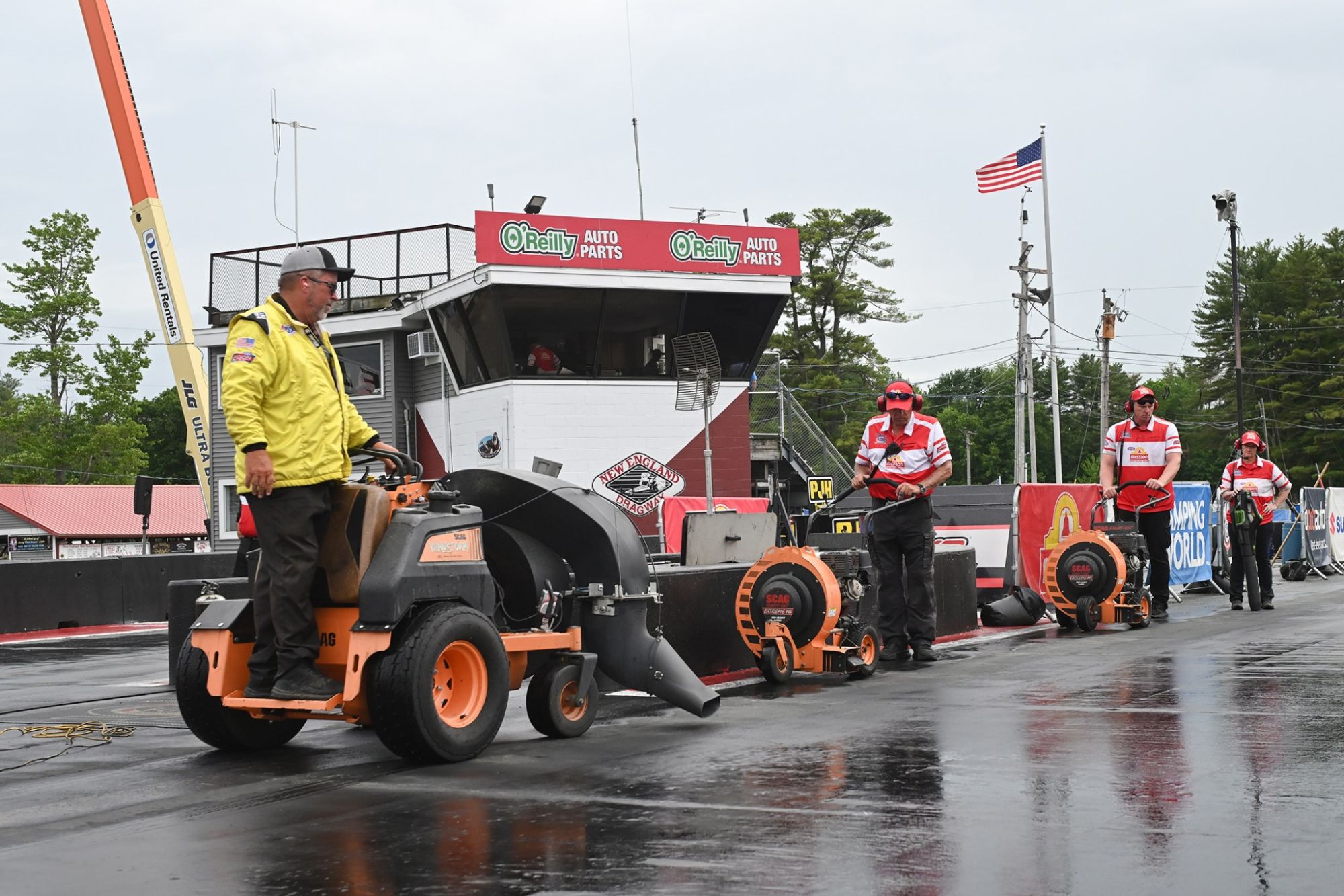 Rain over New England Dragway delays the Top Fuel and Funny Car finals.