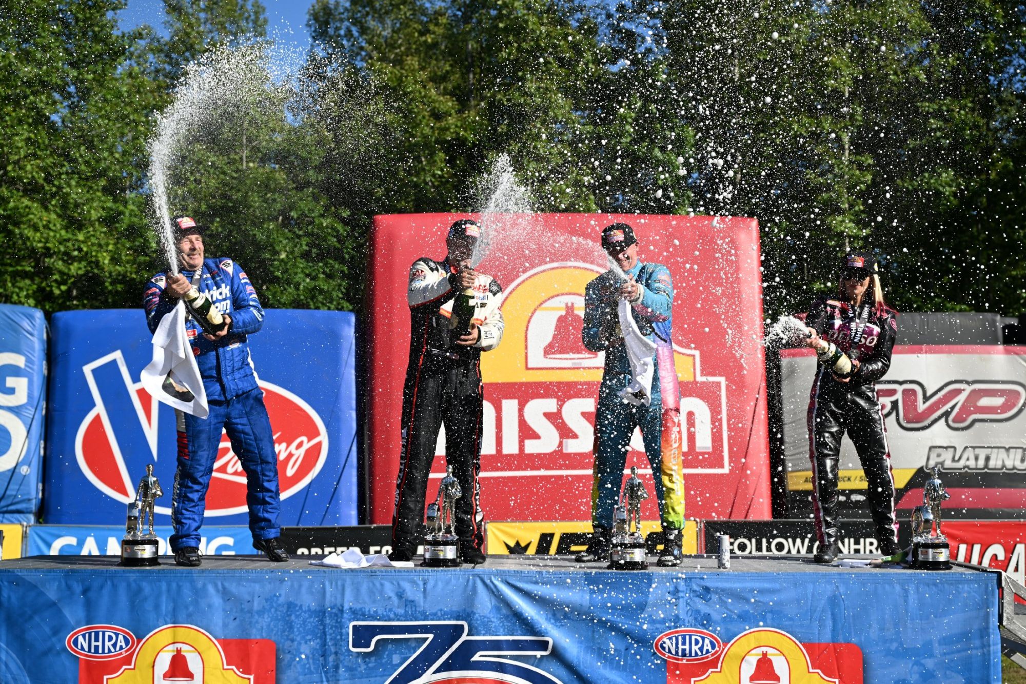 From left: Greg Anderson, Shawn Langdon, Austin Prock, and Angie Smith - winners of the inaugural 2026 NHRA Potomac Nationals presented by JEGS at Maryland International Raceway.