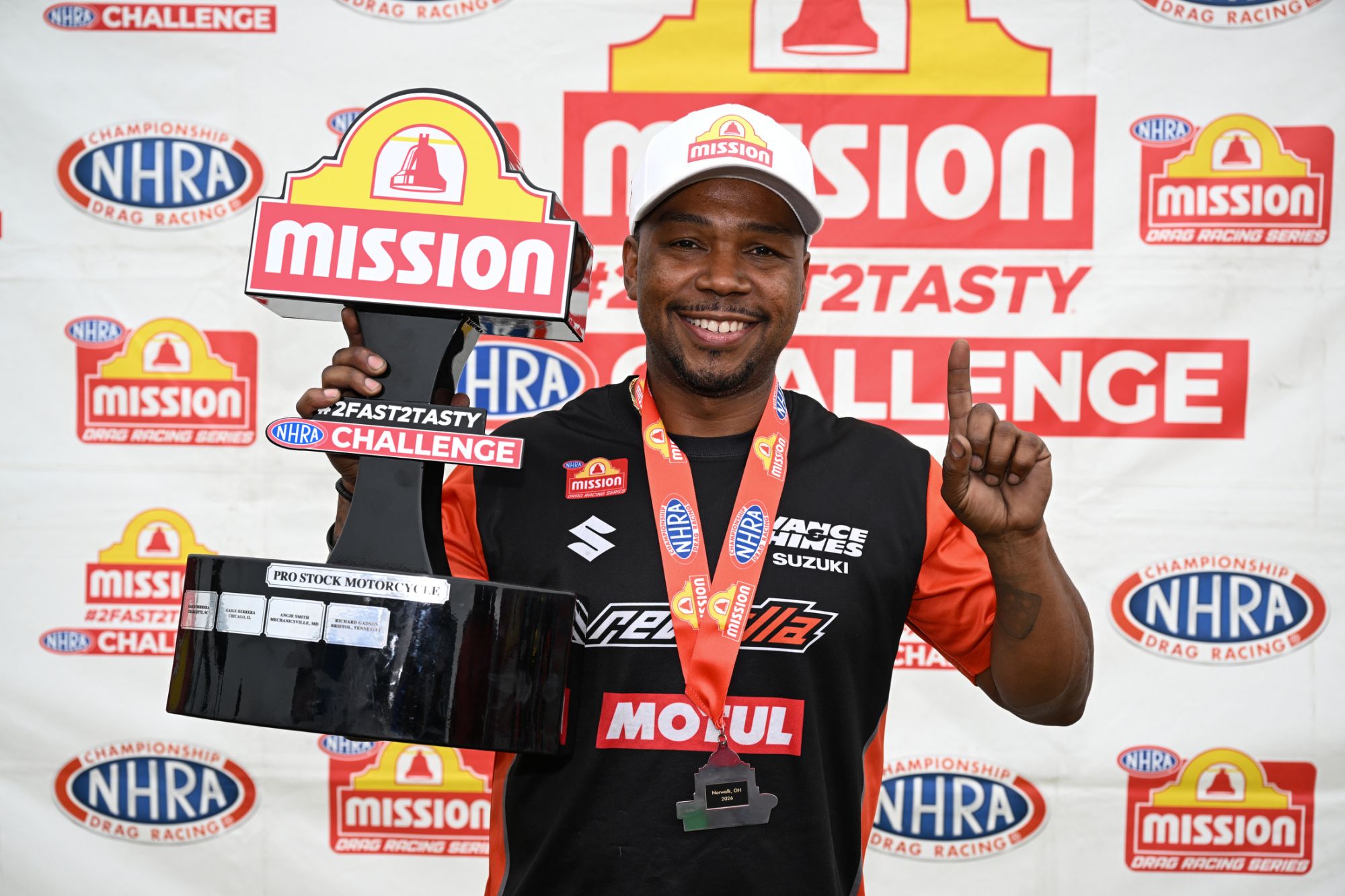 Richard Gadson wins the Mission 2Fast2Tasty Challenge in Pro Stock Motorcycle at NHRA Norwalk