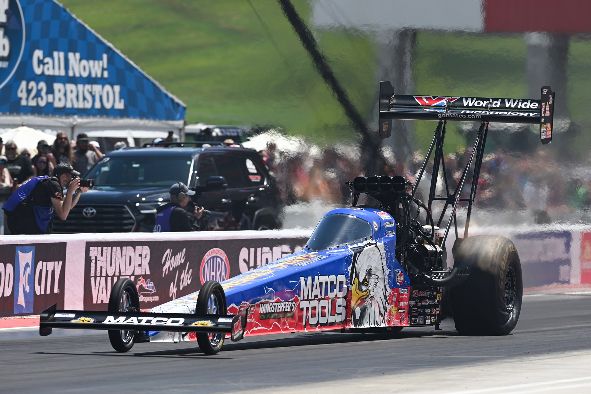 Antron Brown launches the Matco Tools Top Fuel dragster at the 2026 Super Grip NHRA Thunder Valley Nationals at Bristol Dragway.
