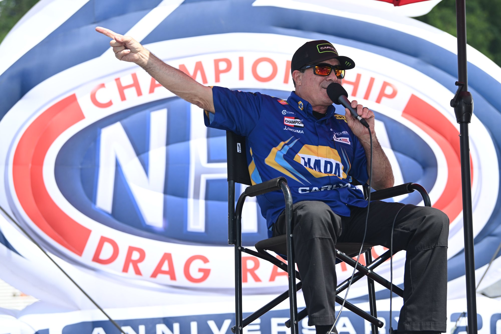 Ron Capps takes the NHRA Championship stage at Bristol Dragway during the 2026 Super Grip NHRA Thunder Valley Nationals.