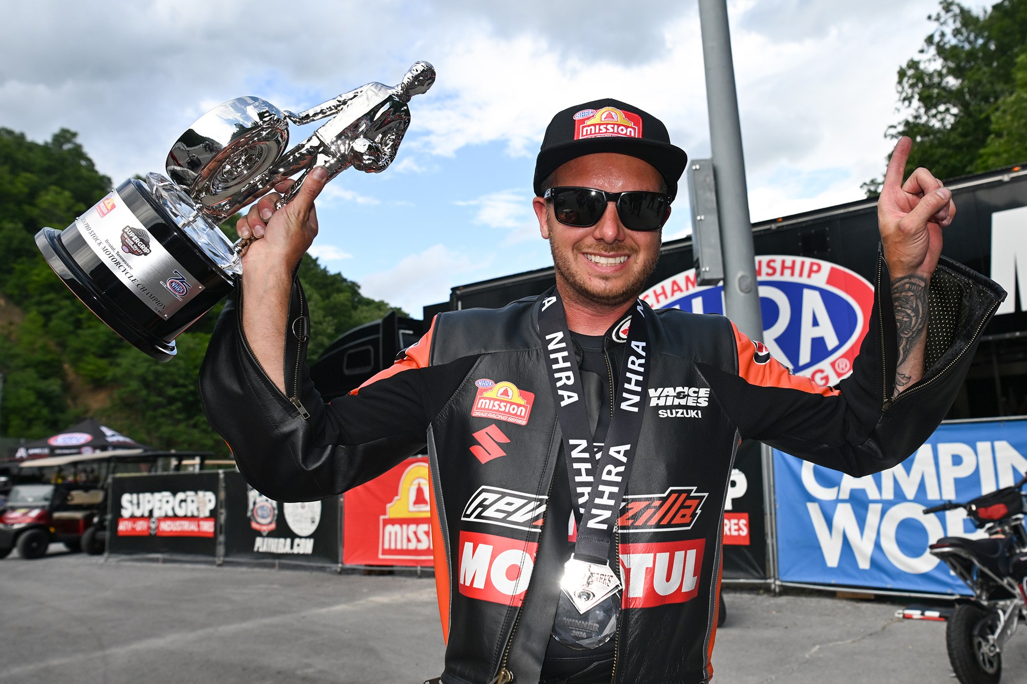 Gaige Herrera with the Pro Stock Motorcycle Wally at the 2026 Super Grip NHRA Thunder Valley Nationals at Bristol Dragway.