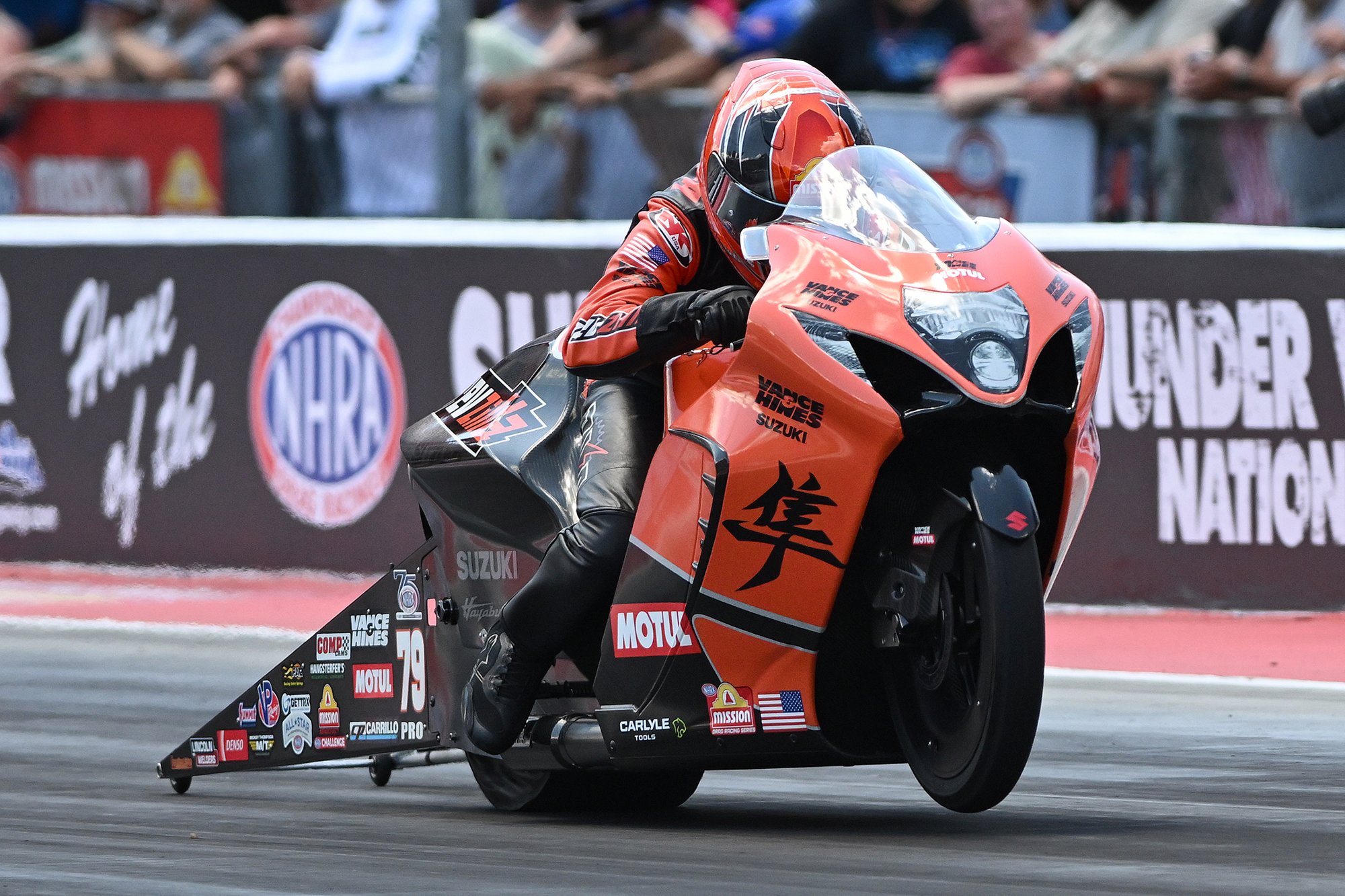 Gaige Herrera launches the Mission Vance & Hines Suzuki at the 2026 Super Grip NHRA Thunder Valley Nationals at Bristol Dragway.
