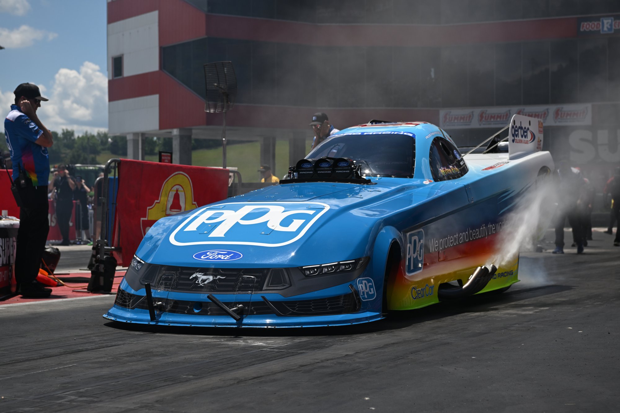 Austin Prock launches the PPG / Tasca Ford Mustang Funny Car at the 2026 Super Grip NHRA Thunder Valley Nationals at Bristol Dragway.