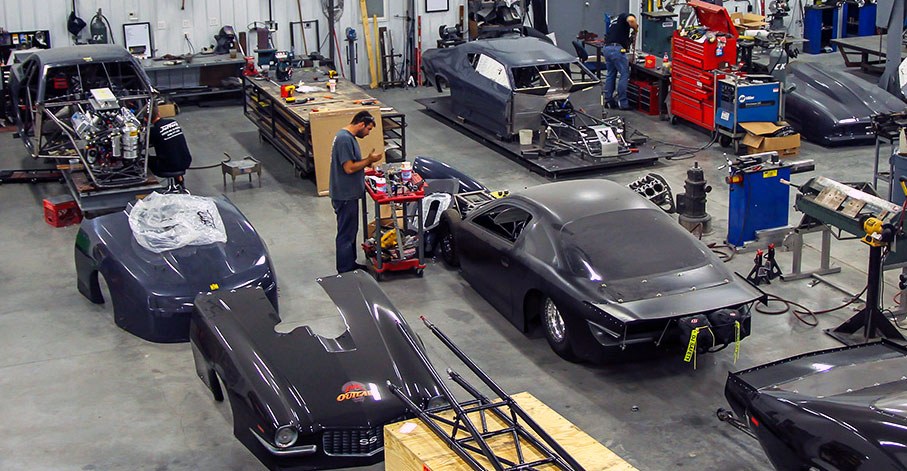 Inside Larry Jeffers Race Cars shop in House Springs, Missouri - Pro Mod chassis builds in progress.