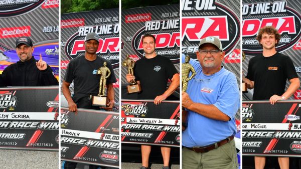 The five PDRA professional winners from the 2026 Hoosier North vs. South Shootout at Maryland International Raceway