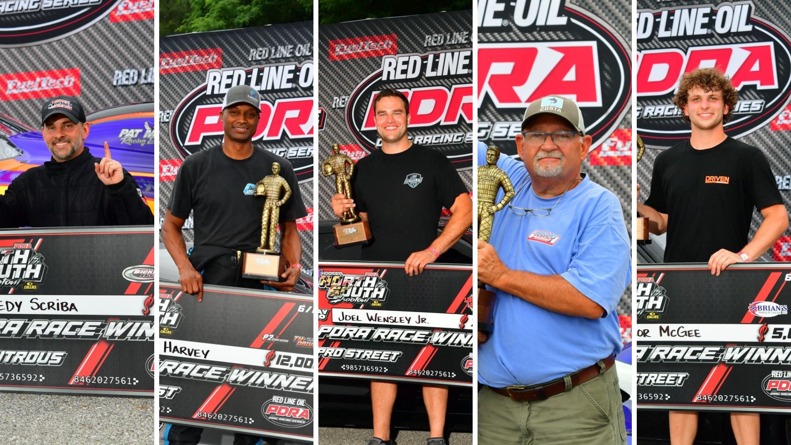 The five PDRA professional winners from the 2026 Hoosier North vs. South Shootout at Maryland International Raceway