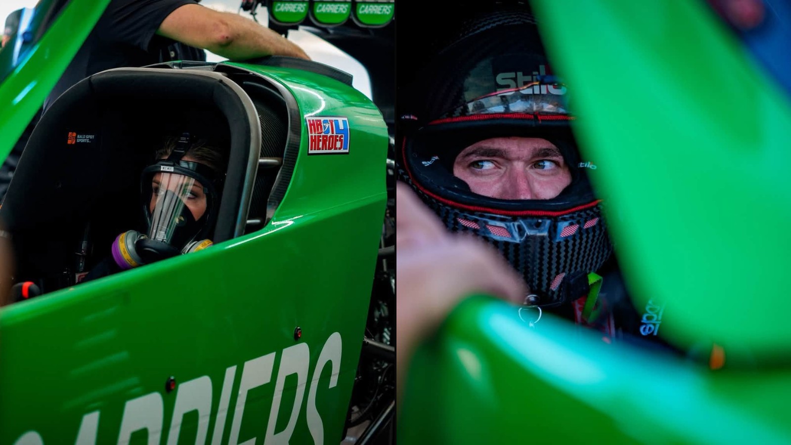 Erica Enders and Aaron Stanfield in the Elite Motorsports Top Fuel dragster during testing at Lucas Oil Indianapolis Raceway Park