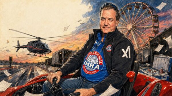 Illustration of Darryl Cuttell in an IHRA shirt and xAI-branded jacket at a drag strip