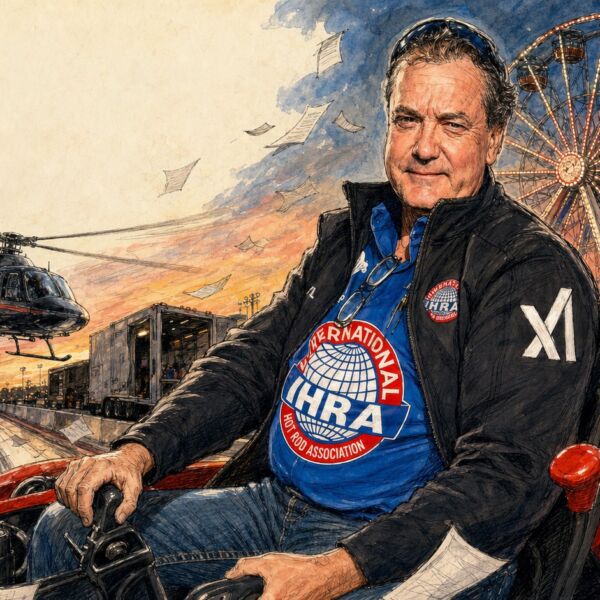 Illustration of Darryl Cuttell in an IHRA shirt and xAI-branded jacket at a drag strip