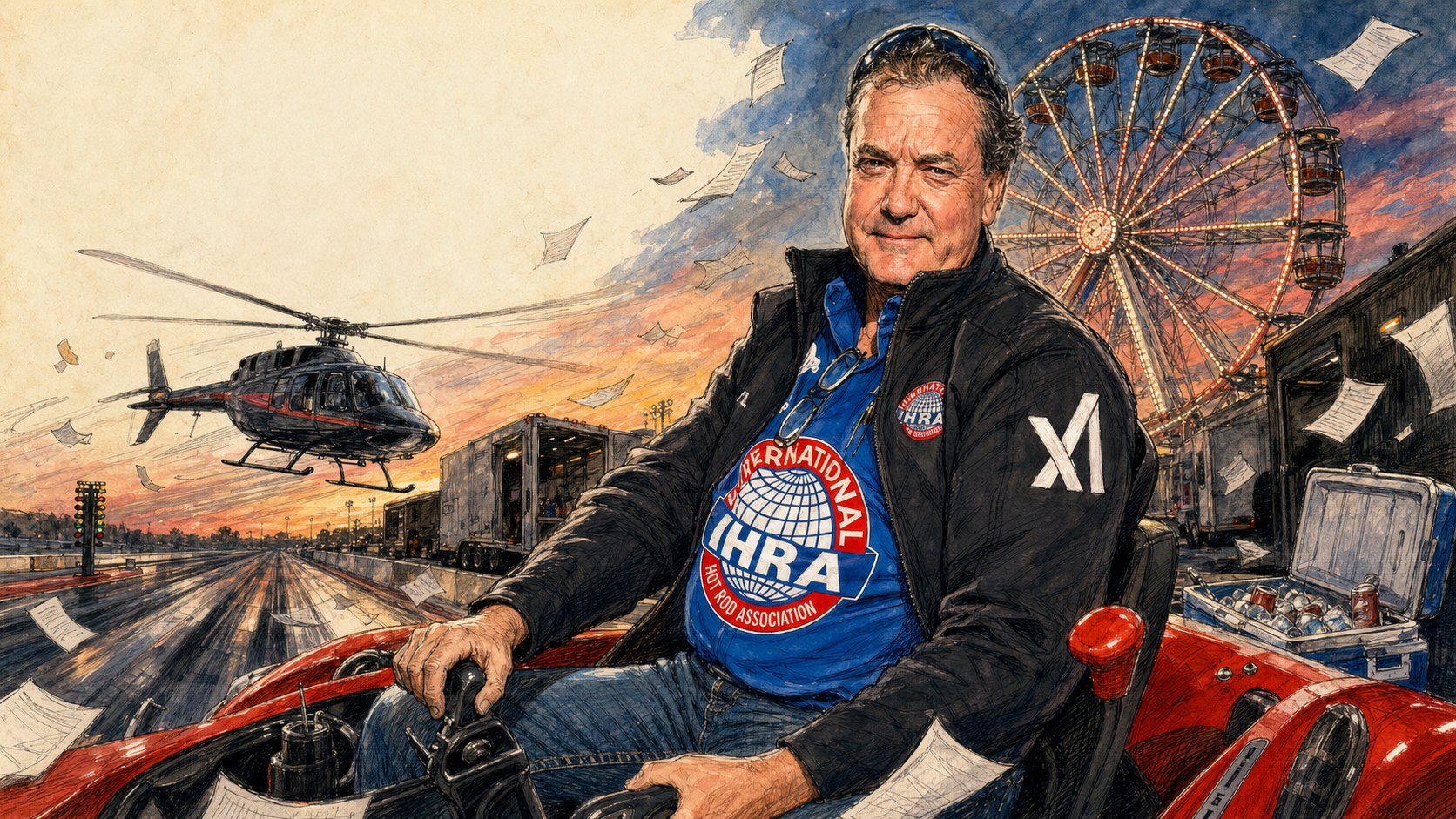Illustration of Darryl Cuttell in an IHRA shirt and xAI-branded jacket at a drag strip