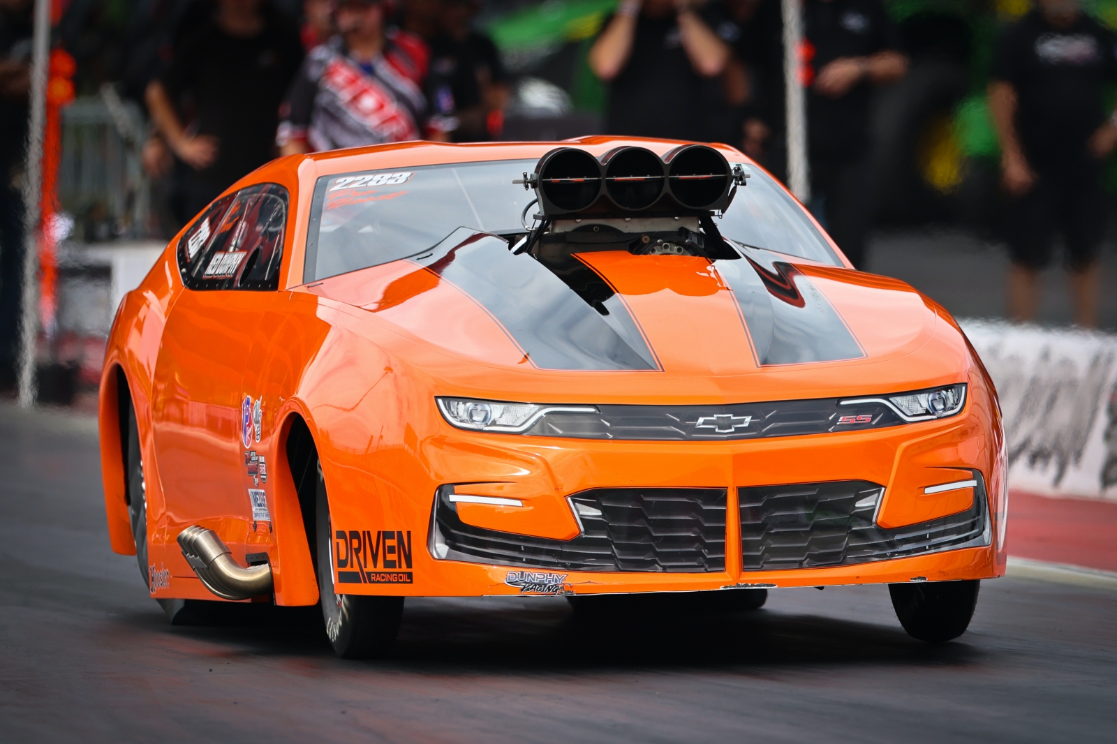 Ned Dunphy's orange screw-blown 2024 Camaro, PDRA Pro Boost winner at Bristol