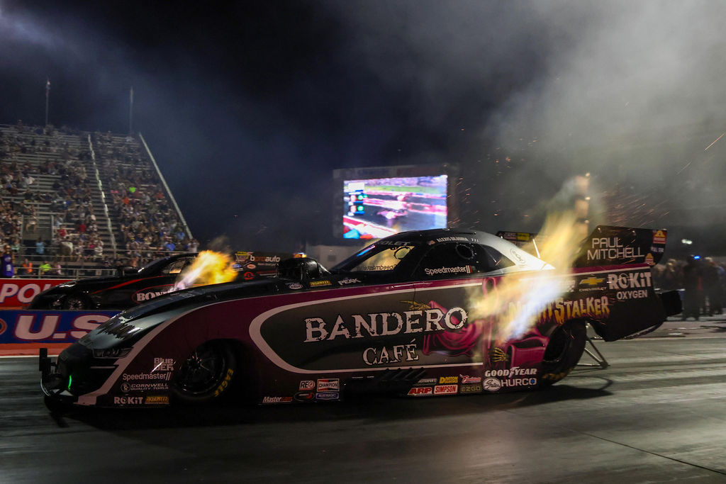 Alexis DeJoria launches the Bandero Cafe Night Stalker tribute Funny Car at night, 2026 NHRA U.S. Nationals