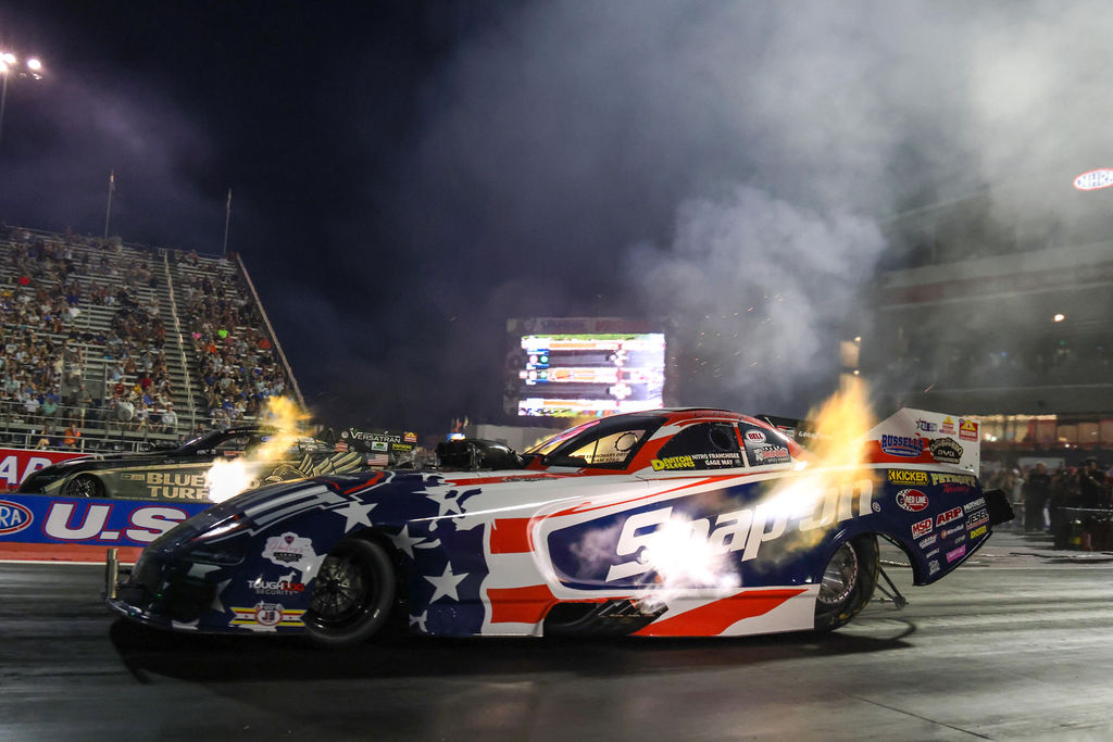 Cruz Pedregon launches the Snap-on Funny Car under the lights at the 2026 NHRA U.S. Nationals
