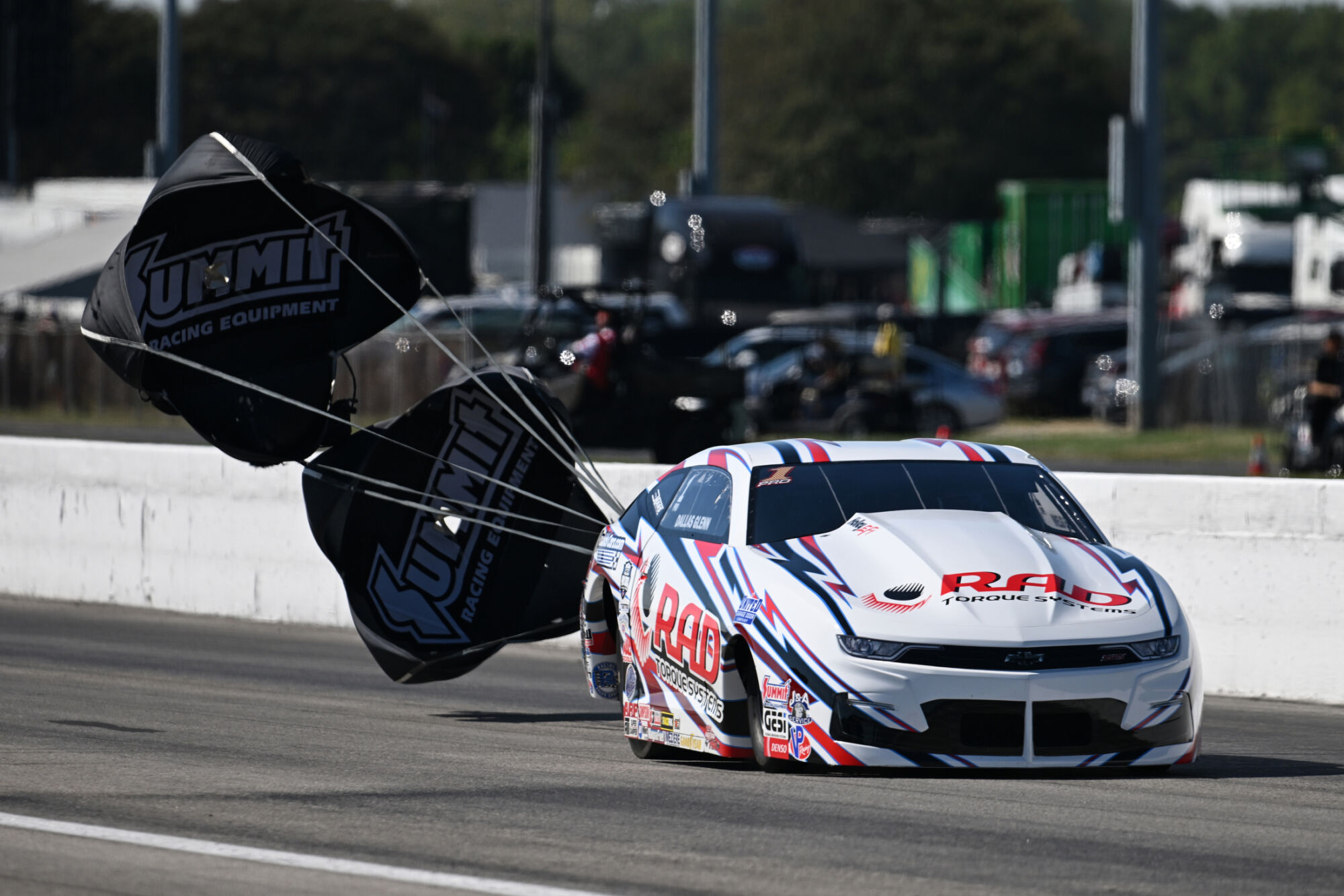 Dallas Glenn pulls the Summit Racing parachutes on the RAD Torque Systems Camaro at Lucas Oil Indianapolis Raceway Park
