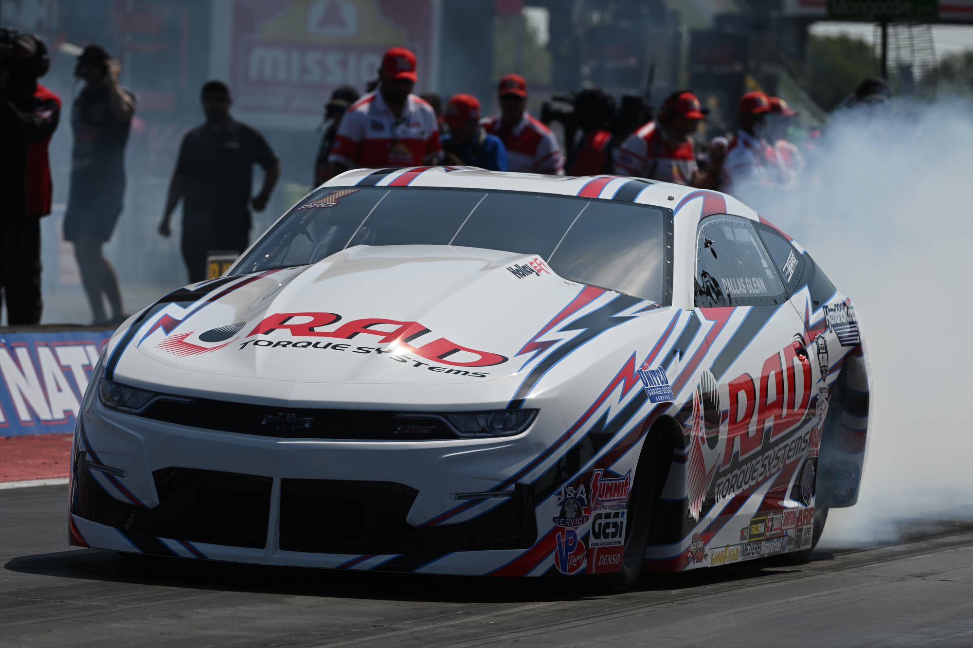 Dallas Glenn does a burnout in the RAD Torque Systems Chevrolet Camaro Pro Stock car at the 2026 NHRA U.S. Nationals