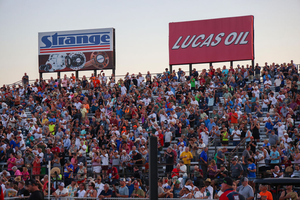 Packed grandstands at Lucas Oil Indianapolis Raceway Park during the 2026 NHRA U.S. Nationals