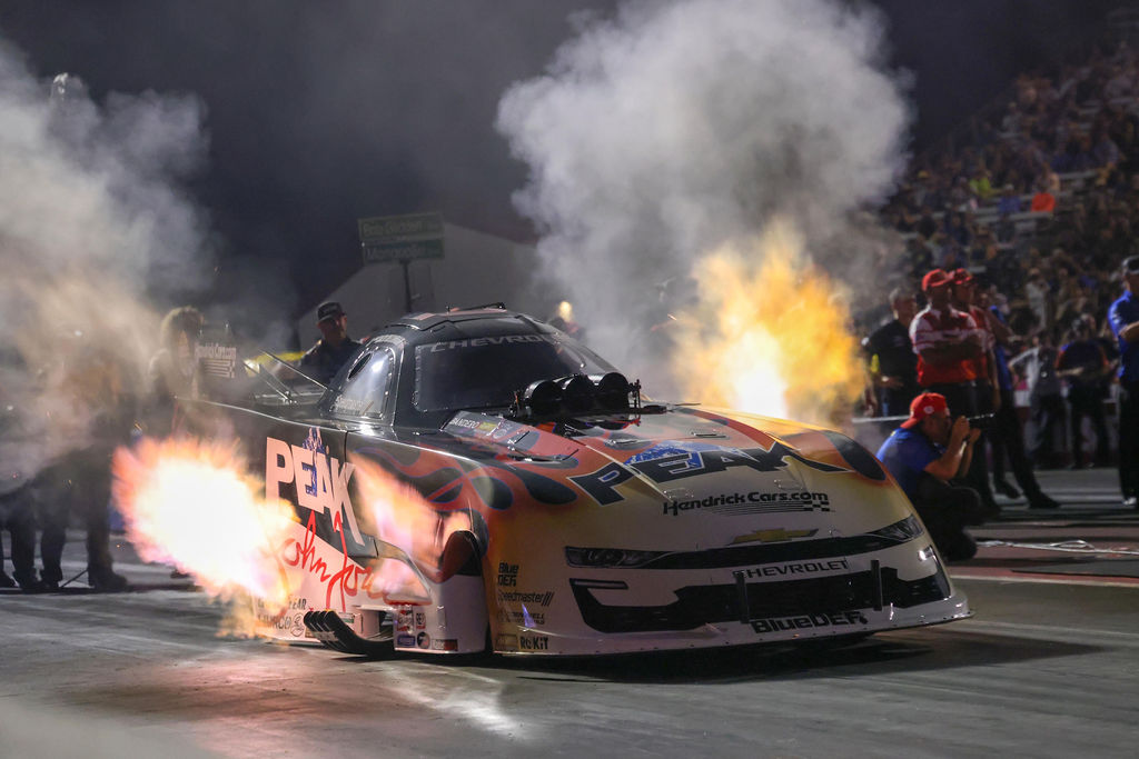 Jack Beckman launches the PEAK John Force tribute Funny Car in Friday night qualifying at the 2026 NHRA U.S. Nationals
