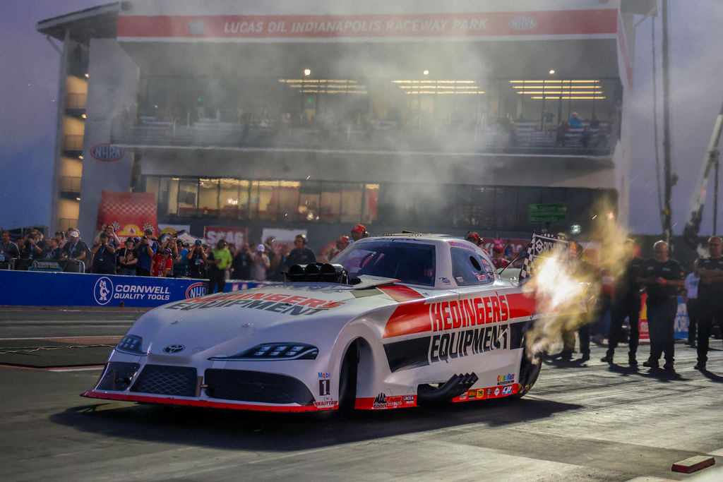 Julie Nataas launches the Hedingers Equipment Toyota GR Supra Funny Car at the 2026 NHRA U.S. Nationals