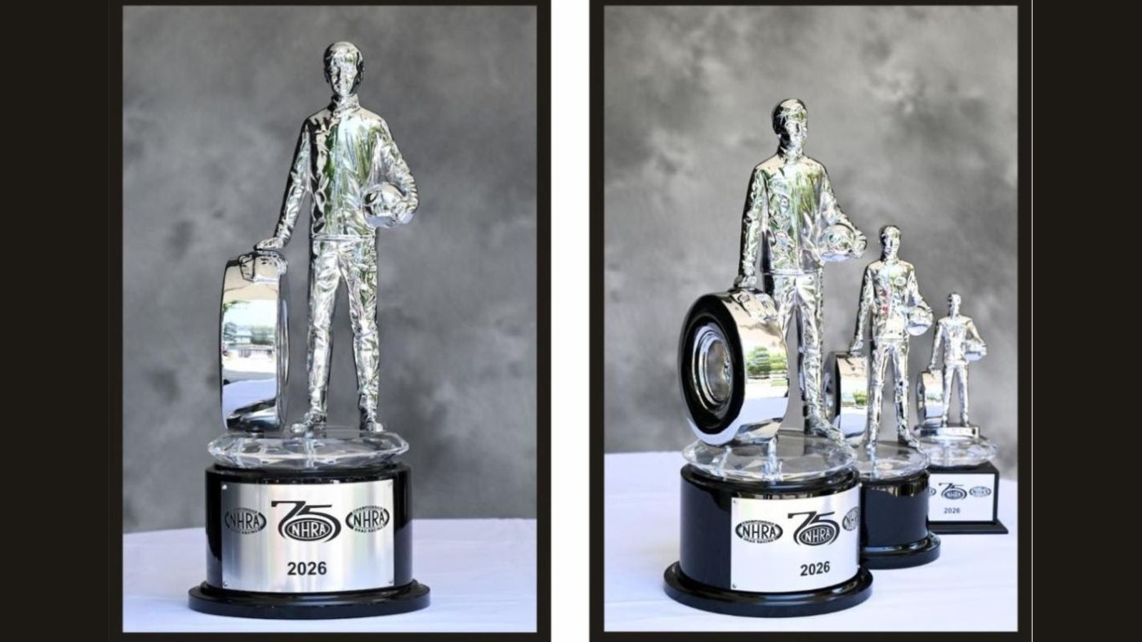 The NHRA 75th anniversary diamond Wally trophy, chrome figure on a crystal base and black pedestal, marked 75 and 2026