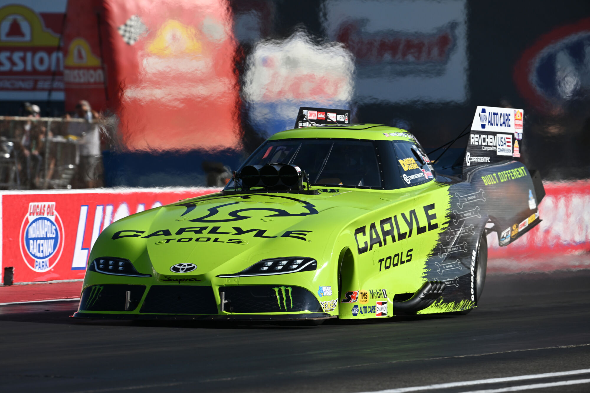 Ron Capps drives the fluorescent green Carlyle Tools Toyota GR Supra Funny Car at the 2026 NHRA U.S. Nationals