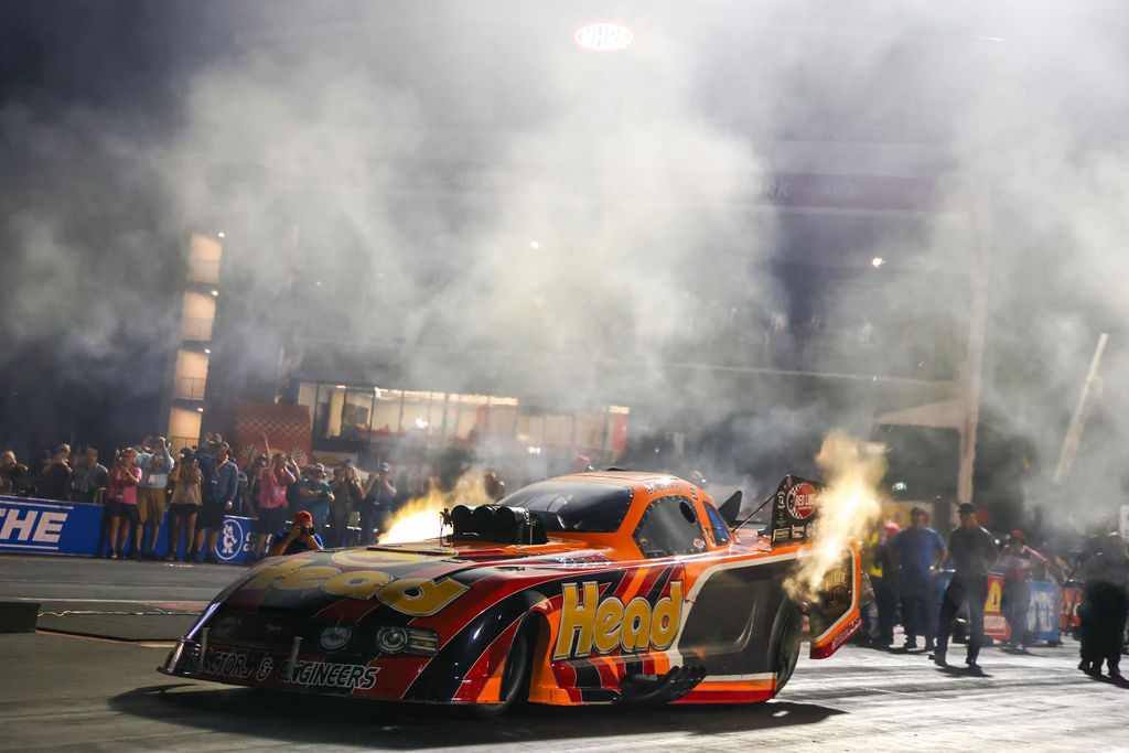 Spencer Hyde launches the Jim Head Racing Funny Car under the lights at the 2026 NHRA U.S. Nationals