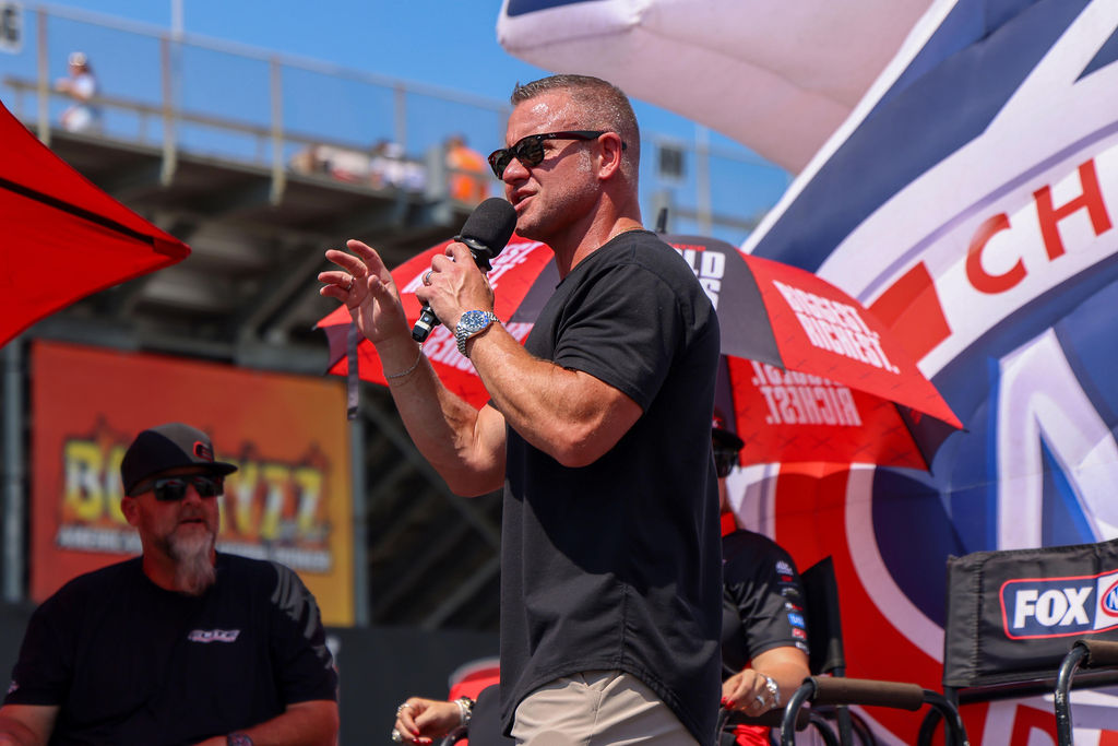 Wes Buck on the NHRA Championship Drag Racing stage at the 2026 U.S. Nationals
