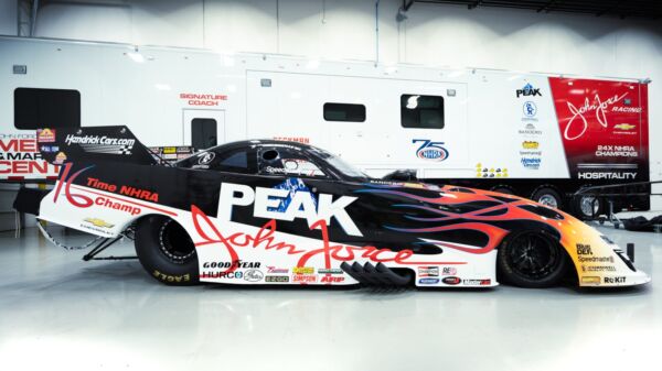 Jack Beckman PEAK Chevrolet SS Funny Car in John Force's flamed 1996 championship tribute livery