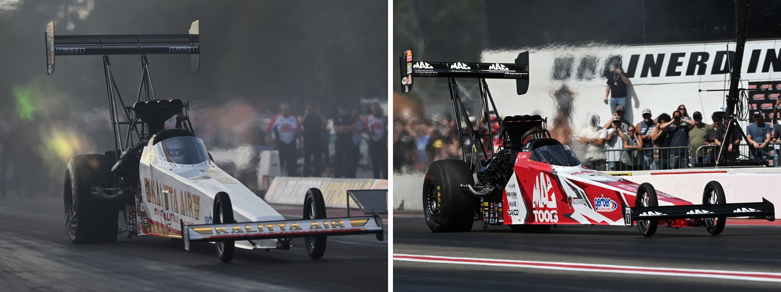 Shawn Langdon in the Kalitta Air dragster and Doug Kalitta in the Mac Tools dragster, the two Kalitta Motorsports Top Fuel teammates side by side