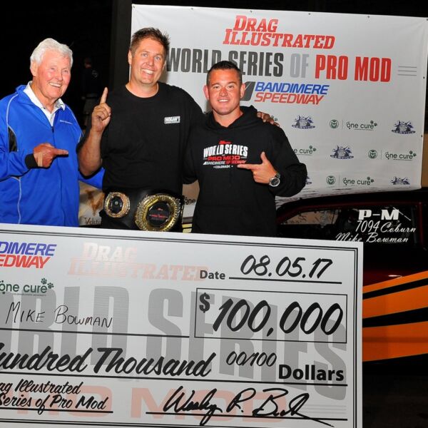 Mike Bowman with the $100,000 check and championship belt after winning the 2017 World Series of Pro Mod at Bandimere Speedway