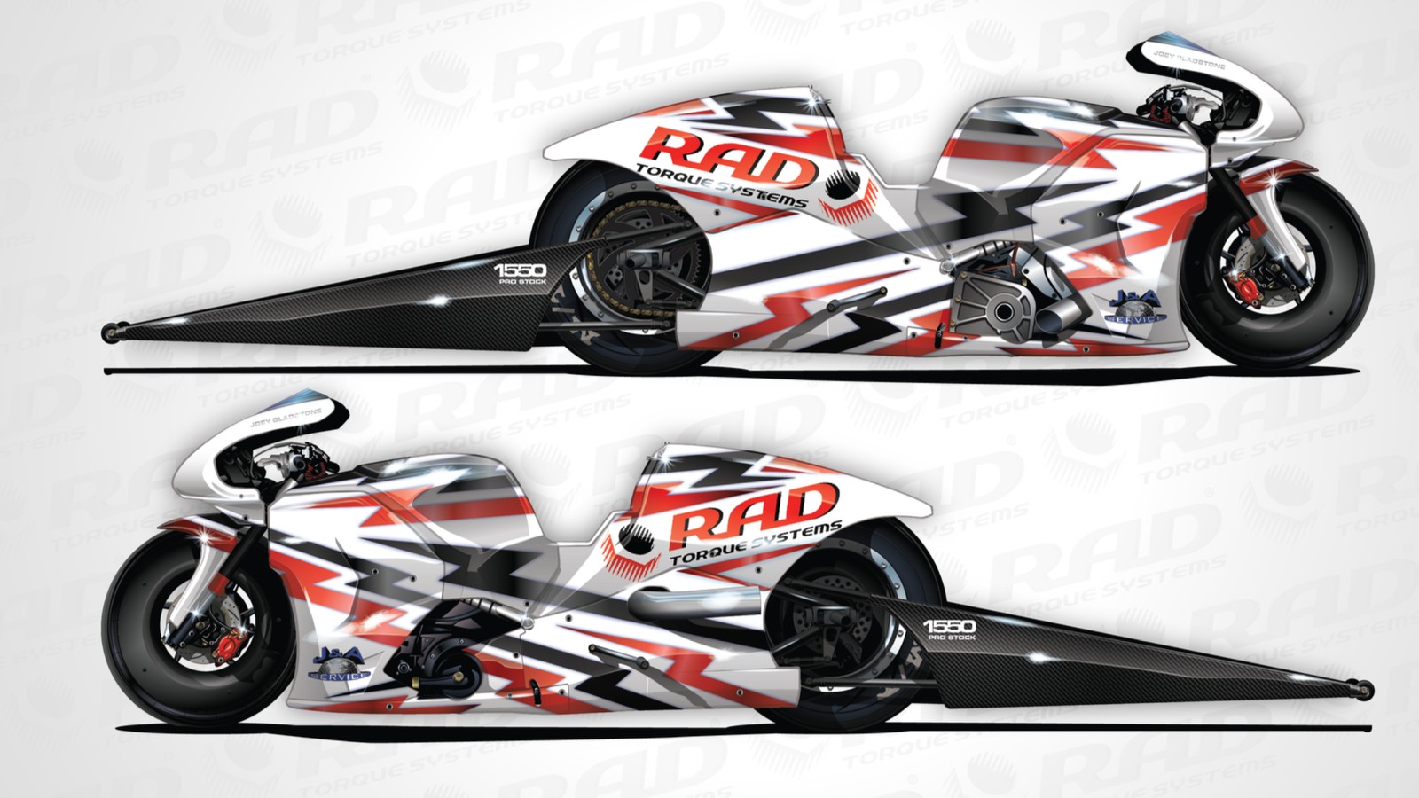 Rendering of Joey Gladstone's 2027 RAD Torque Systems Matt Smith Racing Buell Pro Stock Motorcycle, both sides