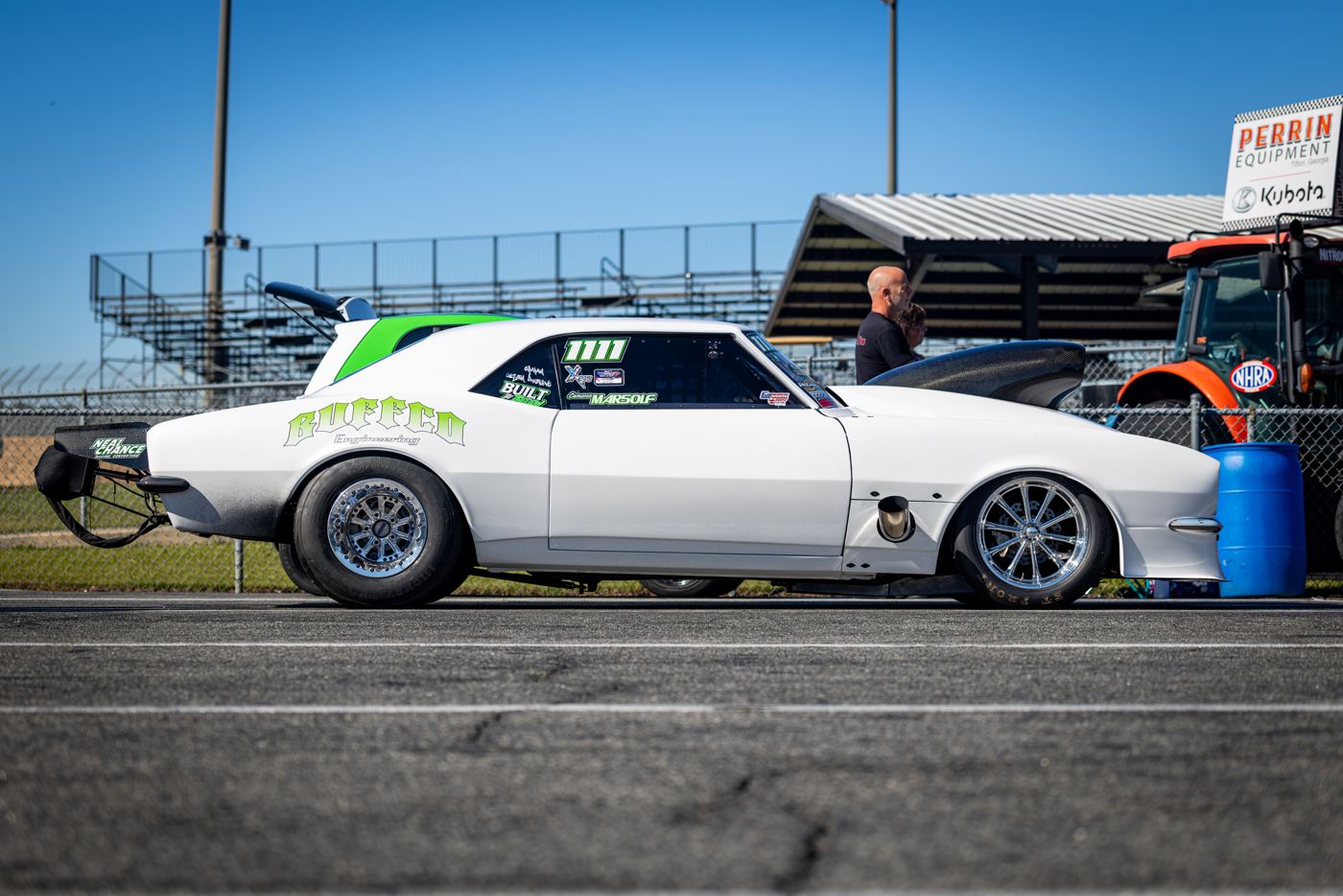 Cameron Marsolf's white 1967 Camaro, Snow White, with Buffco Engineering lettering in the pits at No Mercy 17