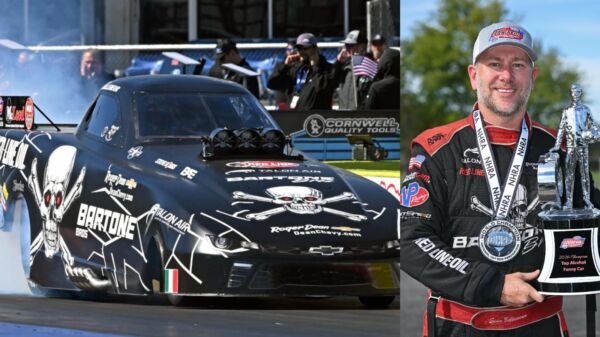 Sean Bellemeur with the 2026 Top Alcohol Funny Car world championship trophy, alongside the Bartone Bros. Racing Chevrolet Camaro Funny Car