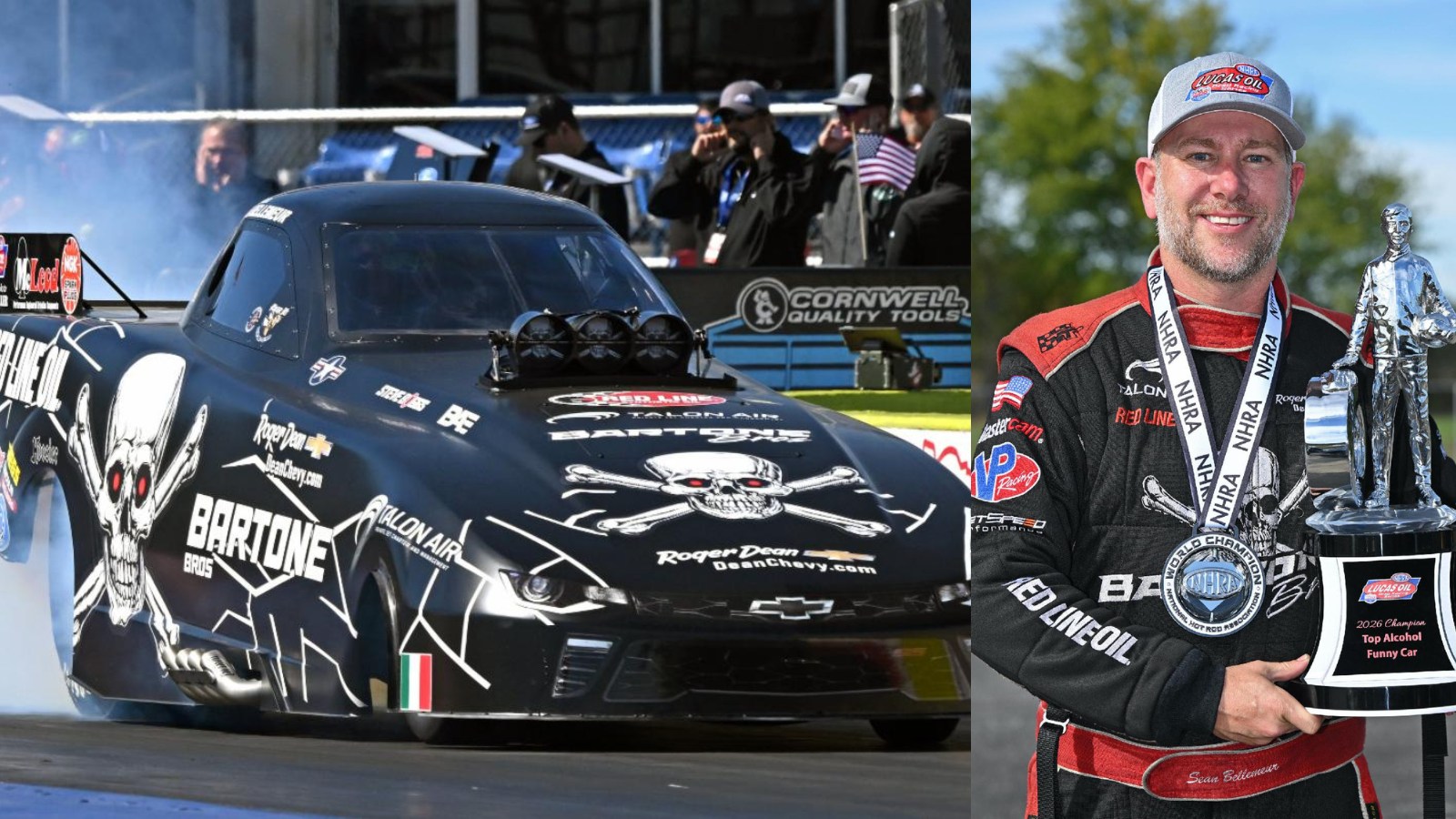 Sean Bellemeur with the 2026 Top Alcohol Funny Car world championship trophy, alongside the Bartone Bros. Racing Chevrolet Camaro Funny Car